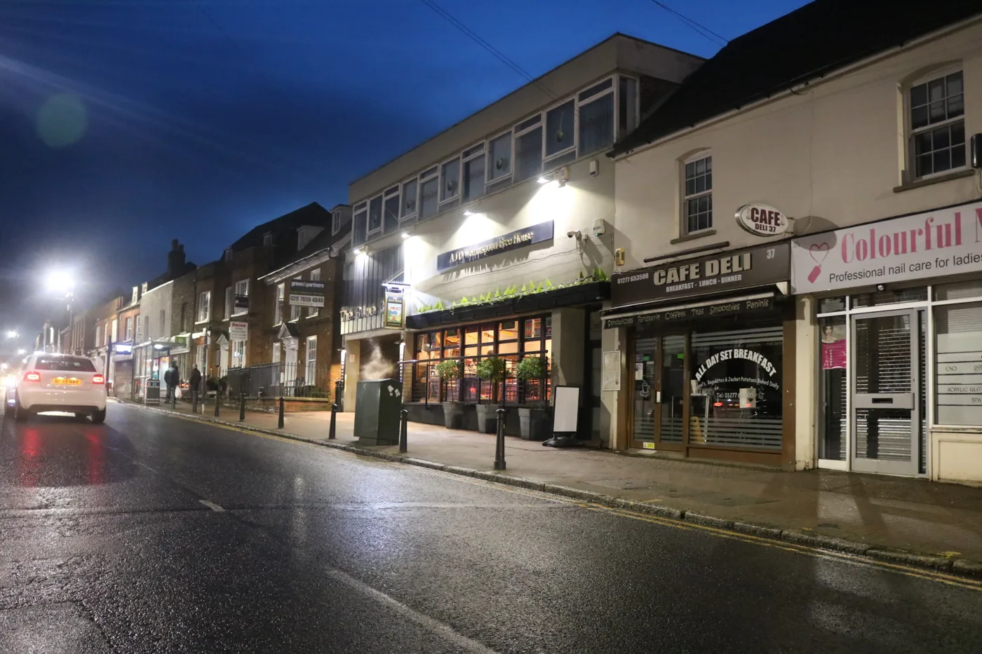 Billericay High Street at night. It closes completely to traffic for the Christmas market on Sunday 6 December 2026